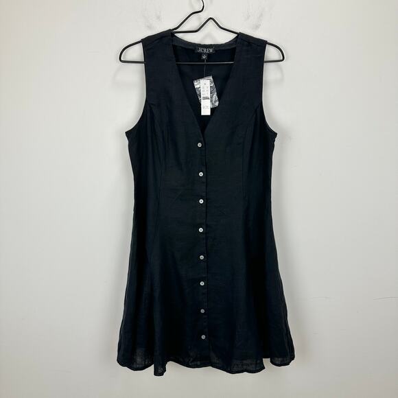 J.Crew Linen Mini Dress A Line Black Minimalist Classic Cinched V Neck US 10 NWT - Picture 5 of 12